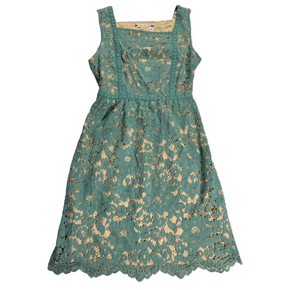 Chelsea & Violet Teal Lace Dress Nude Lined Sleeveless Square Neck Fit Flare XS - Picture 3 of 16